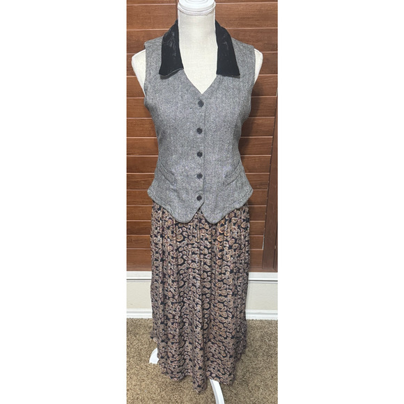 VTG 90s CJW Wool Dress Herringbone Vest Paisley Prairie Academia Teacher sz S - Picture 1 of 13